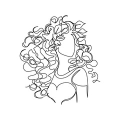 Minimalist one-line Virgo zodiac sign illustration, elegant linear female figure with floral hair in continuous contour black art