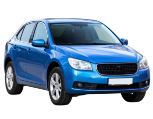 Modern Blue Sedan Car Front Angle View, isolated on transparent background