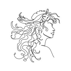 Minimalist one-line Pisces zodiac sign illustration, elegant linear female profile with flowing hair and fish in continuous contour art