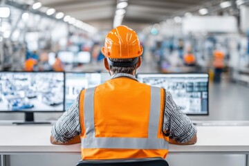A worker in an orange hard hat and safety vest monitors security cameras in a modern industrial facility.