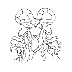 Minimalist one line art of Capricorn zodiac sign, elegant linear goat head with horns and decorative flowing lines