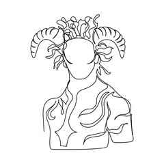 Minimalist one line art of Aries zodiac sign, abstract ram figure with horns and decorative geometric torso design
