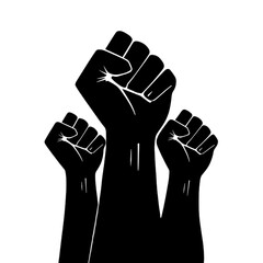Three raised fists in solidarity, symbolizing protest, resistance, and empowerment against a white background.