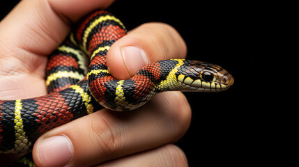 Striking Red, Black, Yellow Banded Snake Gently Held in Hand, Isolated on Dark Background