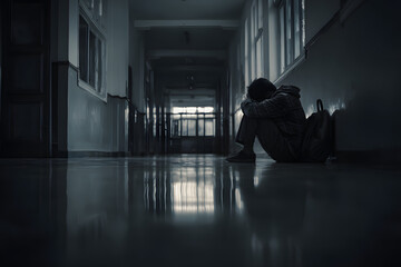 Generated by AI picture of an upset unhappy young peson suffering from depresson and bullying in dark scool corridor