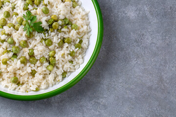 Traditional delicious Turkish foods; pea rice (Turkish name; Bezelyeli pilav)