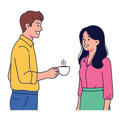 Coffee Break Conversations: Two individuals engage in a friendly exchange, with one offering a steaming cup of coffee, creating a moment of connection.