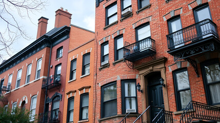 Naklejka premium facade of old brick houses i NEw York with iron fire laders