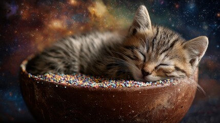 sweet kitten sleeps cosmic dreams
