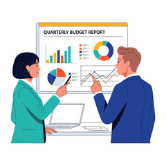 Financial Review: Two individuals, immersed in an analytical discussion before a presentation board, meticulously dissecting data within a bright workspace.
