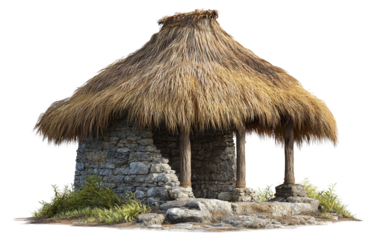 Stone hunter hut with thatched roof white background