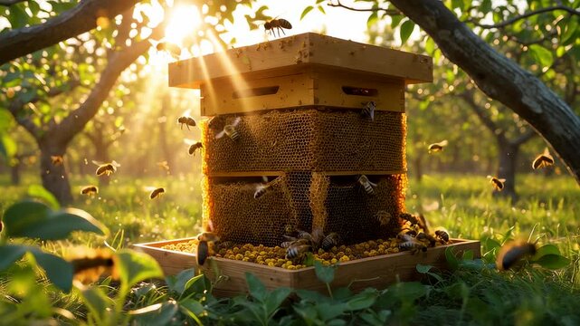 Wooden beehive box surrounded by flying honey bees in orchard with green leaves under bright morning sunlight