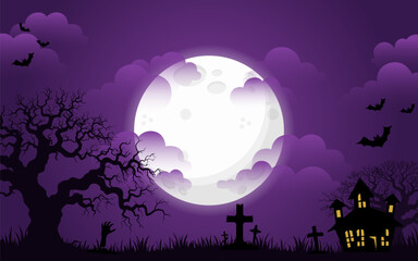 A spooky Halloween scene with a large moon, a haunted house, and barren trees under a purple sky.