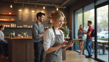 Smiling barista woman using tablet in modern cafe, warm lighting, relaxed atmosphere, customers chatting, wooden interior, casual clothing, friendly service