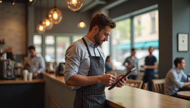 Barista cafe apron tablet modern coffee shop technology happy customer service natural light urban interior male professional casual workspace communication digital order beverage trendy - Powered by Adobe