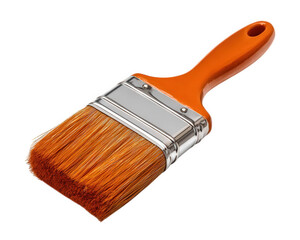 Flat paint brush orange handle metal ferrule synthetic bristle isolated art tool photorealistic clean closeup equipment painting