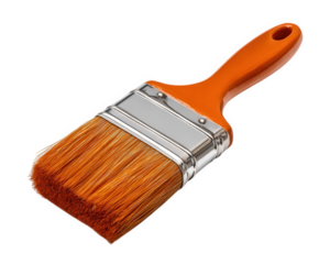 Flat paint brush orange handle metal ferrule synthetic bristle isolated art tool photorealistic clean closeup equipment painting