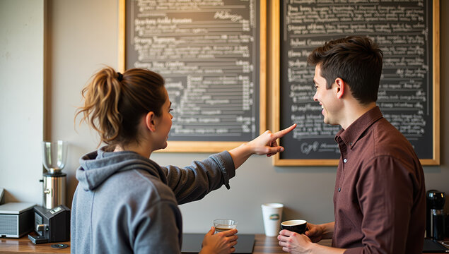 Two young adults, woman and man, standing at cozy cafe counter, smiling and chatting while looking at menu board, casual atmosphere, warm lighting, friendly mood
