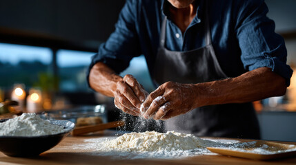 A close-up of a skilled baker’s hands kneading flour on a wooden surface, capturing the essence of traditional baking and the tactile joy of working with dough.