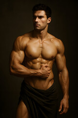 Fototapeta premium Shirtless Muscular Male Model with Defined Abs Strong Athletic Body Posing Like Classical Statue Fitness Physique Strength Health Lifestyle Studio Lighting