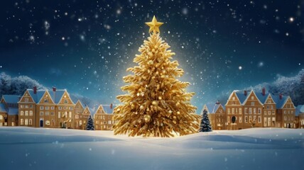 Naklejka premium Radiant Golden Christmas Tree Illuminating a Snowy Village Square at Night.