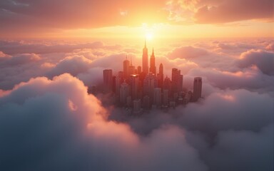 Majestic city emerging from clouds at sunset, symbolizing hope and inspiration in a fantastical realm. High quality