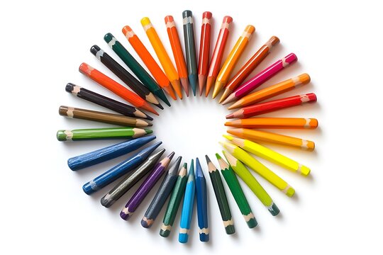 A circle of colored pencils arranged on a white background creating a vibrant and artistic composition