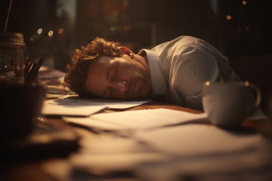 A man appears to have fallen asleep at his desk, surrounded by papers and a coffee cup, capturing a moment of exhaustion in a dimly lit workspace