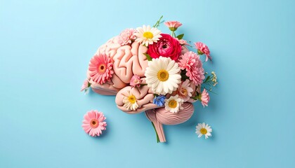 Human brain with flowers, self care and mental health. Wellness and mental health concept. Detailed high quality image. 