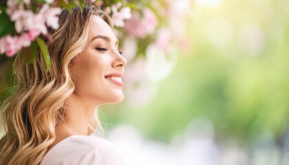 Fototapeta premium Joyful woman enjoying nature in blooming park lifestyle photography outdoor serenity bright environment close-up perspective