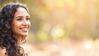 Naklejka premium Joyful woman smiling in nature lifestyle image sunny background warm environment natural beauty concept