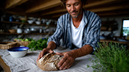 A skilled artisan baker prepares a rustic loaf of bread in a charming kitchen, showcasing the details of the dough and the warmth of the setting with natural light.