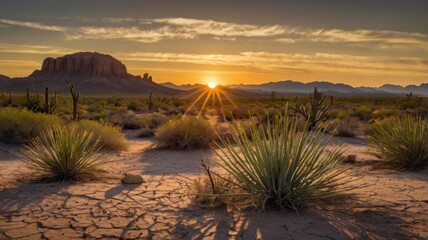 Radiant Sunburst Over a Serene Desert Landscape with Yucca and Mesas.