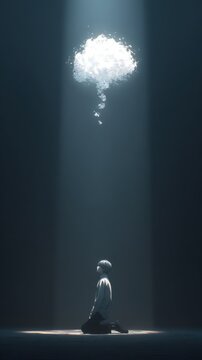 A solitary figure kneels in a dimly lit space, illuminated by a beam of light above, with a cloud-like thought bubble hovering above them, symbolizing introspection
