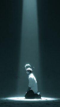 A figure kneels in a dark space, illuminated by a shaft of light from above, conveying a sense of solitude and contemplation