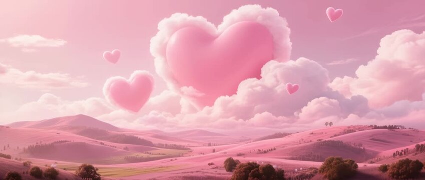 A beautiful summer sky filled with romantic pink clouds and heart-shaped balloons, symbolizing love