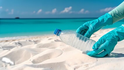 AI generated white sand beach with gloved cleanup action