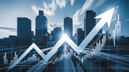 Financial growth chart with arrow pointing up in the city, symbolizing business success