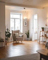 Cozy Armchair in minimalist scandinavian interior design of modern living room. Japandi interior design