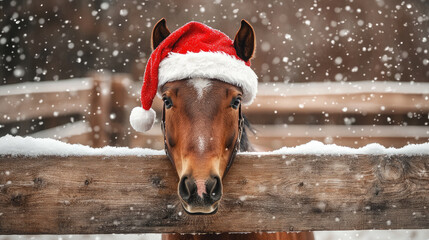 Festive brown horse donning Santa hat peeking over snow-dusted wooden fence with softly falling snowflakes