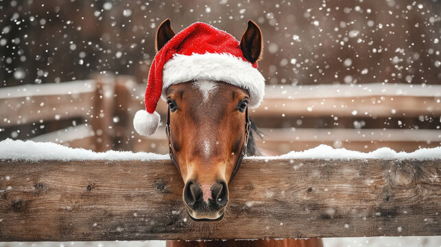 Festive brown horse donning Santa hat peeking over snow-dusted wooden fence with softly falling snowflakes