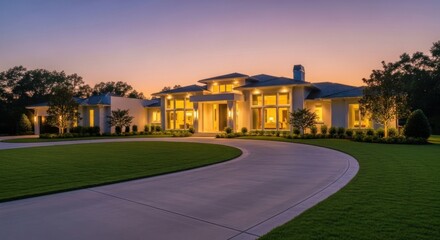 A luxurious two-story home bathed in warm light during sunset, with a long circular driveway and well-manicured lawn. Trees frame the sides