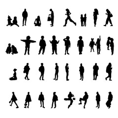 Collection of 32 people silhouettes in various everyday poses: walking, sitting, standing, carrying bags, holding children and casual activities. Perfect for architectural vizualisations, infographics