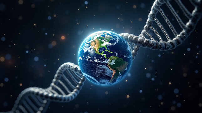 Conceptual image of a dna double helix wrapping around the earth globe, symbolizing the interconnectedness of life, science, and the planets future in a cosmic environment - Powered by Adobe