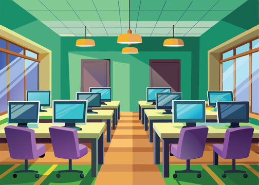 A vibrant, cartoon-style illustration of a computer lab.