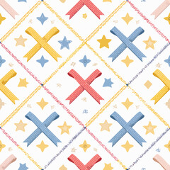 Obraz premium Seamless pattern with pastel ribbons and stars stitched on white background vector