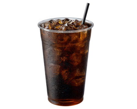 Iced soda drink cup with straw, transparent plastic, filled with ice cubes, refreshing and cold beverage, fast food menu element, isolated on transparency background - Powered by Adobe