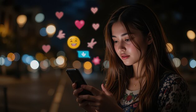 Woman using smartphone at night with social media emojis and blurred city lights in the background scene - Powered by Adobe