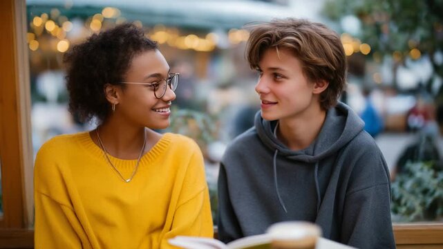 Engage in a meaningful peer mentorship coffee chat between teens at a cozy caf&eacute;.