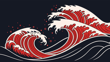 Japanese great red wave art illustration, ocean sea waves vector drawing, tsunami kanagawa style art
